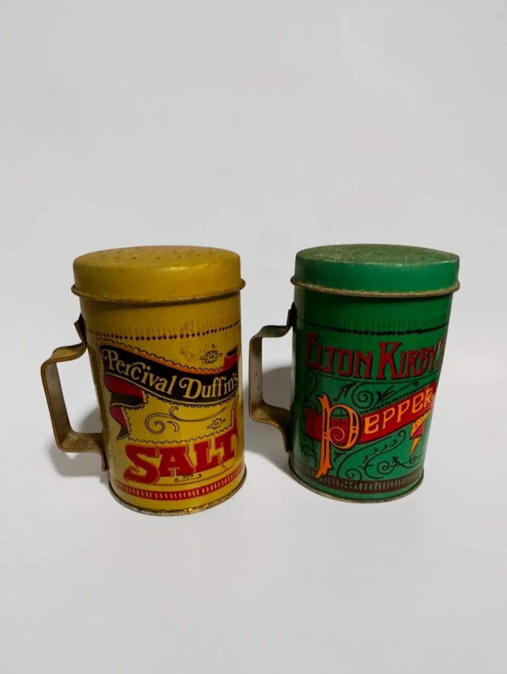 Vintage Tin Salt Pepper Shakers Percival Duffin & Elton Kirby’s Made Hong Kong